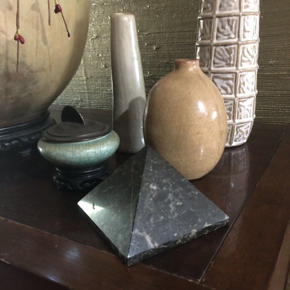 Decorative Marbled Stone Pyramid in Hues of Dark Green, Grey, & White - Picture 1 of 6